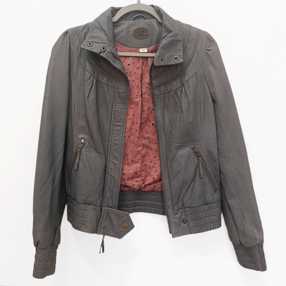 Anthropologie IDRA Gray Leather Moto Jacket w/Pink StarLining-XS